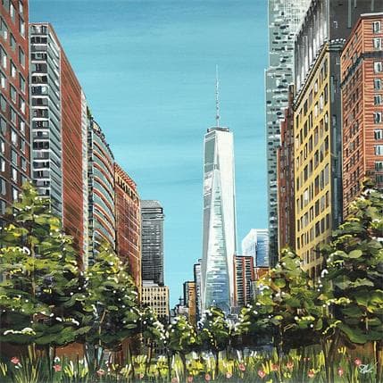 Painting La brique, les arbres et le OWTC by Sophie-Kim Touras | Painting Figurative Mixed Urban