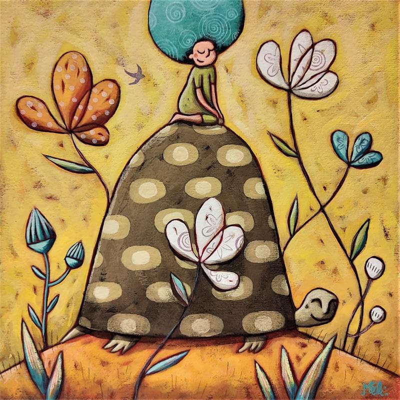 Painting Douce chevauchée by Catoni Melina | Painting Naive art Acrylic Animals, Life style