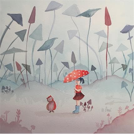 Peinture Lisa dans les champignons par Marjoline Fleur | Tableau Illustration Mixte scènes de vie