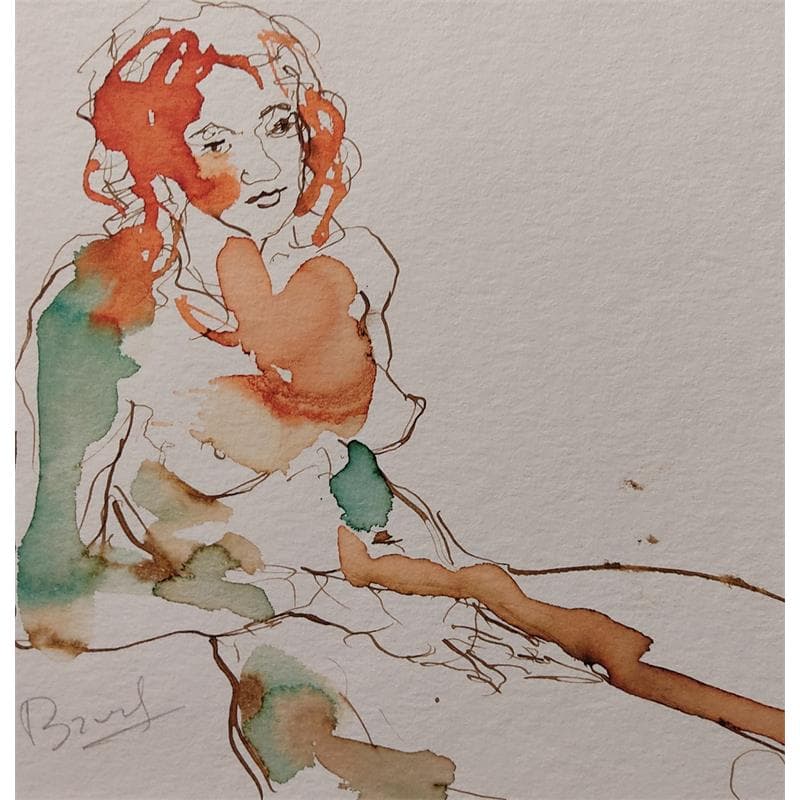 Painting anaïs pensive by Brunel Sébastien | Painting Figurative Watercolor Nude
