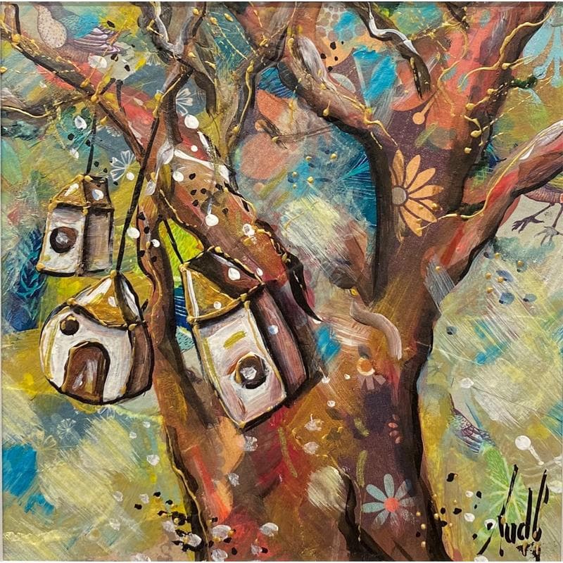 Painting Les trois petites maisons by Aud C | Painting Naive art Cardboard Landscapes, Life style