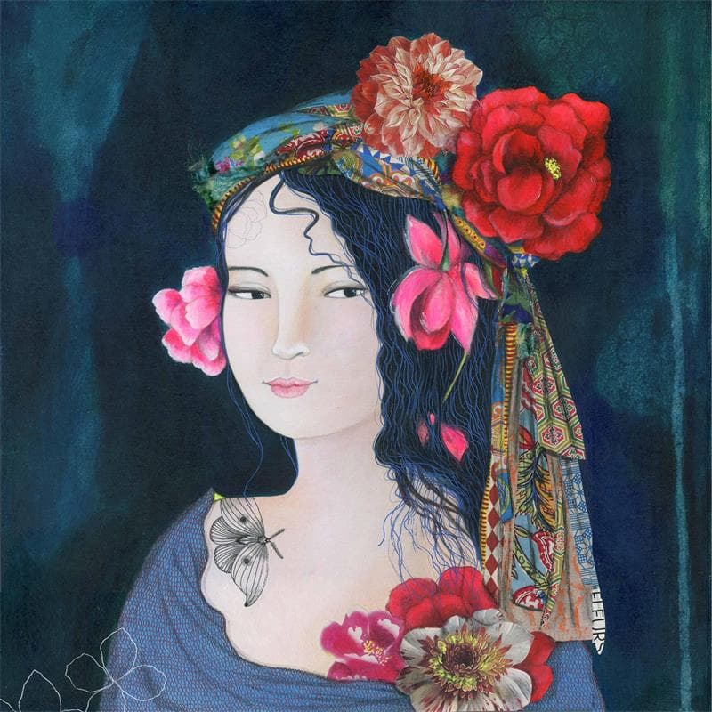 Gemälde Gypsy florale von Rebeyre Catherine | Gemälde Naive Kunst Porträt Acryl