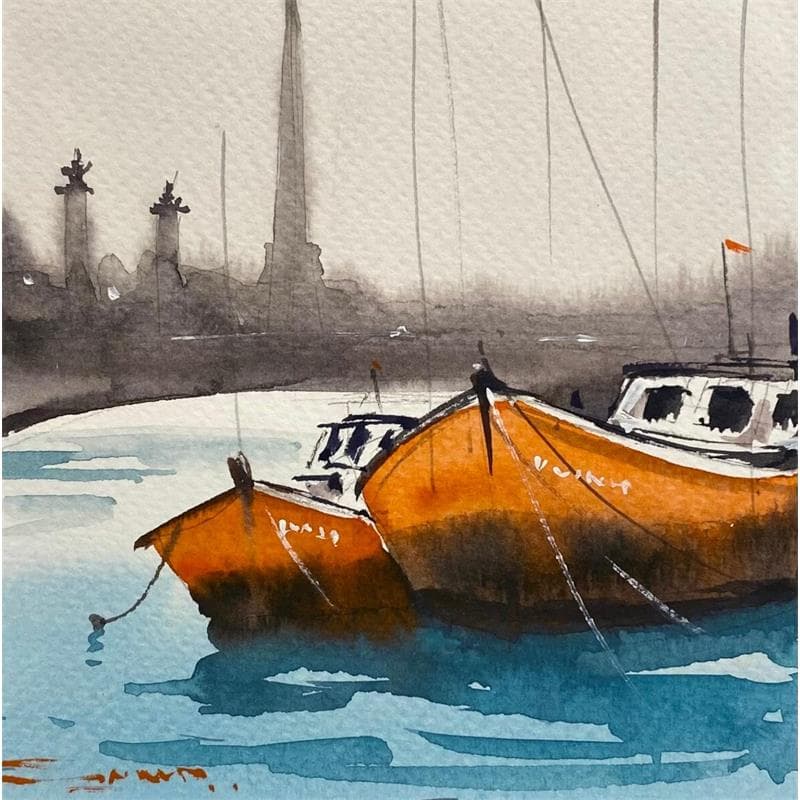 Painting Boats in the Seine by Dandapat Swarup | Painting Figurative Watercolor Landscapes, Life style, Urban