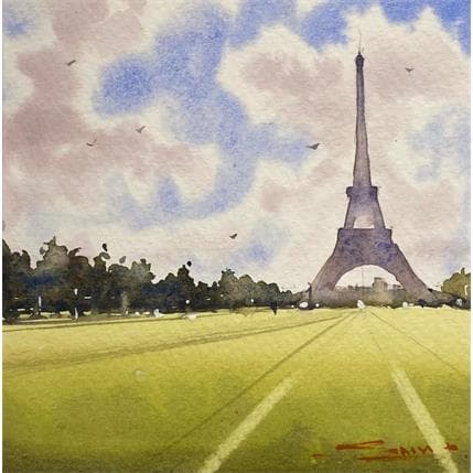 Painting Eiffel Tower in the Summer by Dandapat Swarup | Painting Figurative Watercolor Landscapes, Life style, Urban