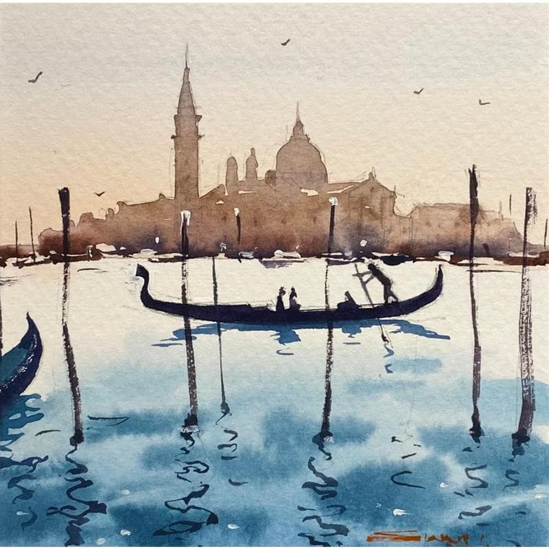 Gemälde The Venice Gondola von Dandapat Swarup | Gemälde Figurativ Landschaften Urban Alltagsszenen Aquarell