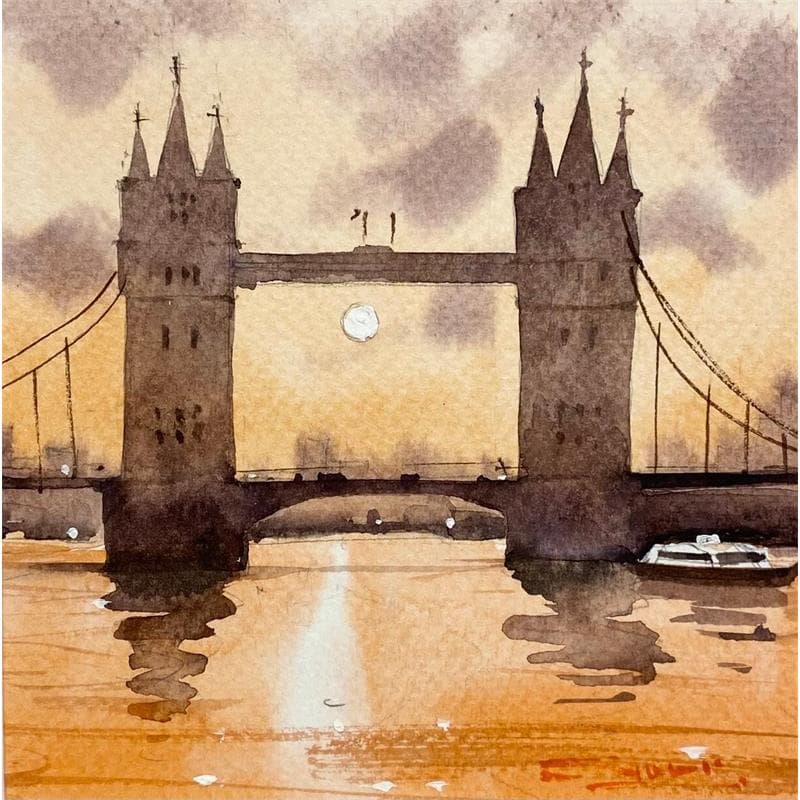 Peinture Tower Bridge at Dusk par Dandapat Swarup | Tableau Figuratif Paysages Urbain Scènes de vie Aquarelle