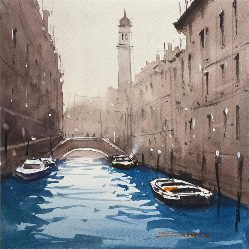 Peinture Charming Venice in the Summer par Dandapat Swarup | Tableau Figuratif Paysages Urbain Scènes de vie Aquarelle