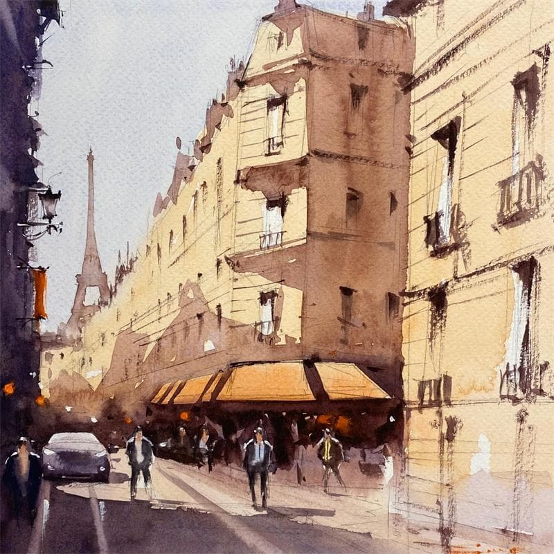 Peinture Mid-morning Paris Street I par Dandapat Swarup | Tableau Figuratif Paysages Urbain Scènes de vie Aquarelle