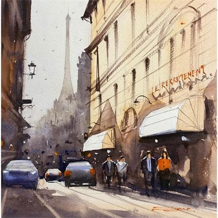 Peinture Mid-morning Paris Street II par Dandapat Swarup | Tableau Figuratif Aquarelle Paysages, scènes de vie, Urbain