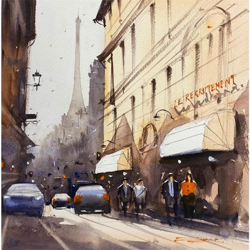 Painting Mid-morning Paris Street II by Dandapat Swarup | Painting Figurative Watercolor Landscapes, Life style, Urban
