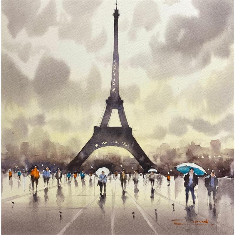 Peinture Visiting the Tower on a Rainy Day par Dandapat Swarup | Tableau Figuratif Paysages Urbain Scènes de vie Aquarelle