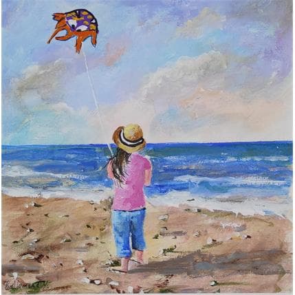 Peinture Petite fille et cerf volant par Lallemand Yves | Tableau Figuratif Acrylique scènes de vie, Vues marines