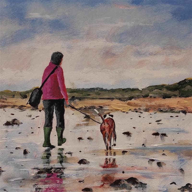 Painting Promenade du soir sur la plage by Lallemand Yves | Painting Figurative Acrylic Life style, Marine