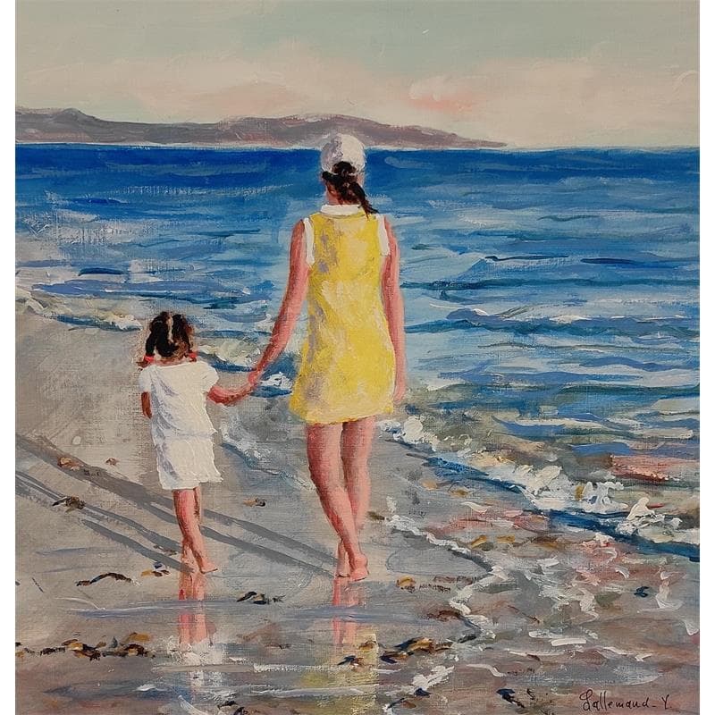 Peinture Femme et enfant se promenant sur la plage par Lallemand Yves | Tableau Figuratif Marine Acrylique