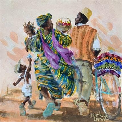 Painting Le Commercant de Pagnes et Famille by Lama Niankoye | Painting Figurative Acrylic Life style