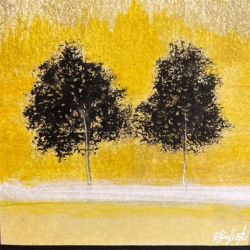 Painting Deux arbres sur fond jaune  by Escolier Odile | Painting