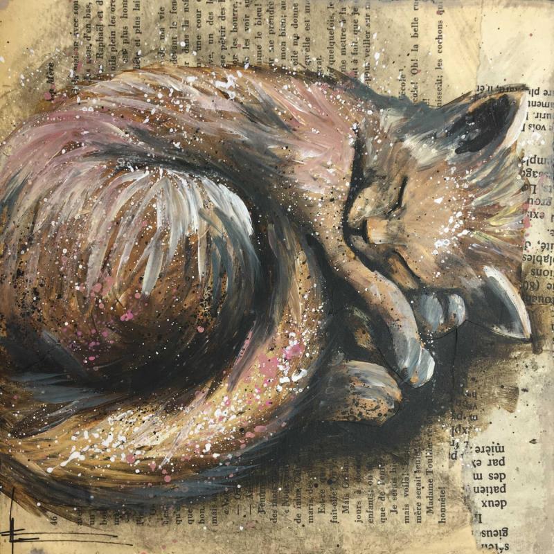 Peinture Chat endormi par Locoge Alice | Tableau Figuratif Animaux Acrylique Collage