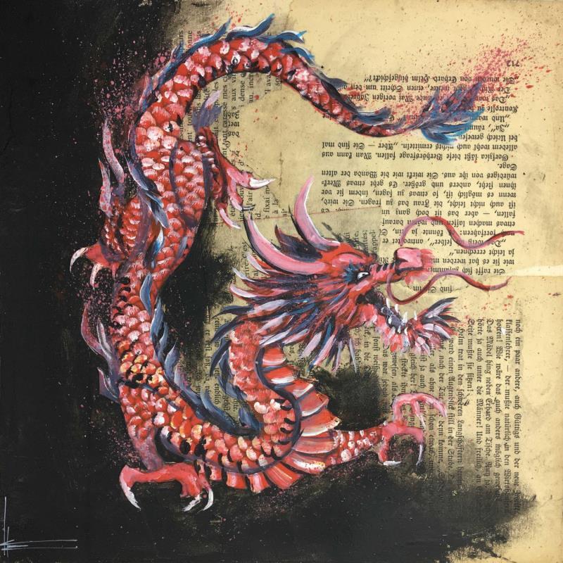 Painting Dragon de feu by Locoge Alice | Painting Figurative Animals Acrylic Gluing