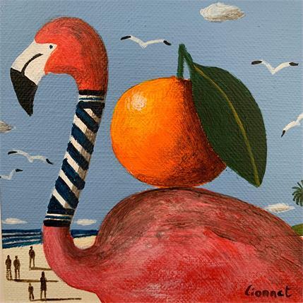 Painting Flamant rose à l'orange by Lionnet Pascal | Painting Surrealist Acrylic Animals
