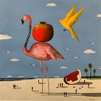 Painting Flamant rose et canari by Lionnet Pascal | Painting Surrealist Acrylic Animals