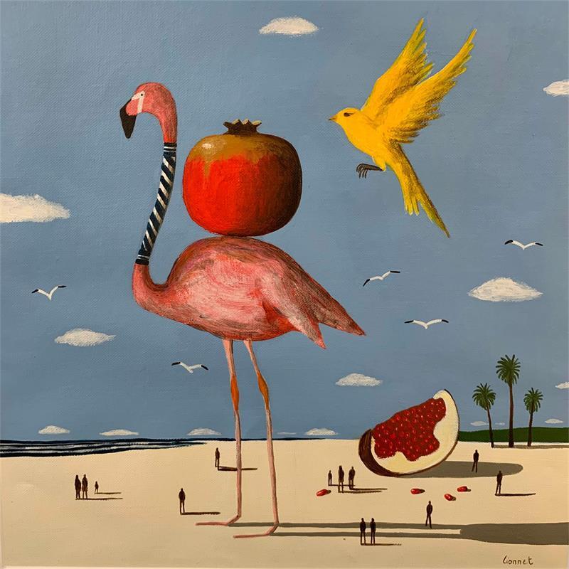 Painting Flamant rose et canari by Lionnet Pascal | Painting Surrealism Animals Acrylic