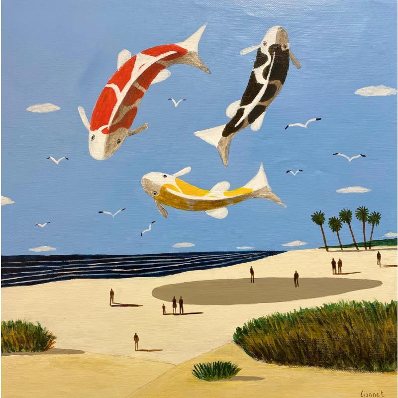 Painting Carpes dans le ciel by Lionnet Pascal | Painting Surrealism Landscapes Animals Acrylic