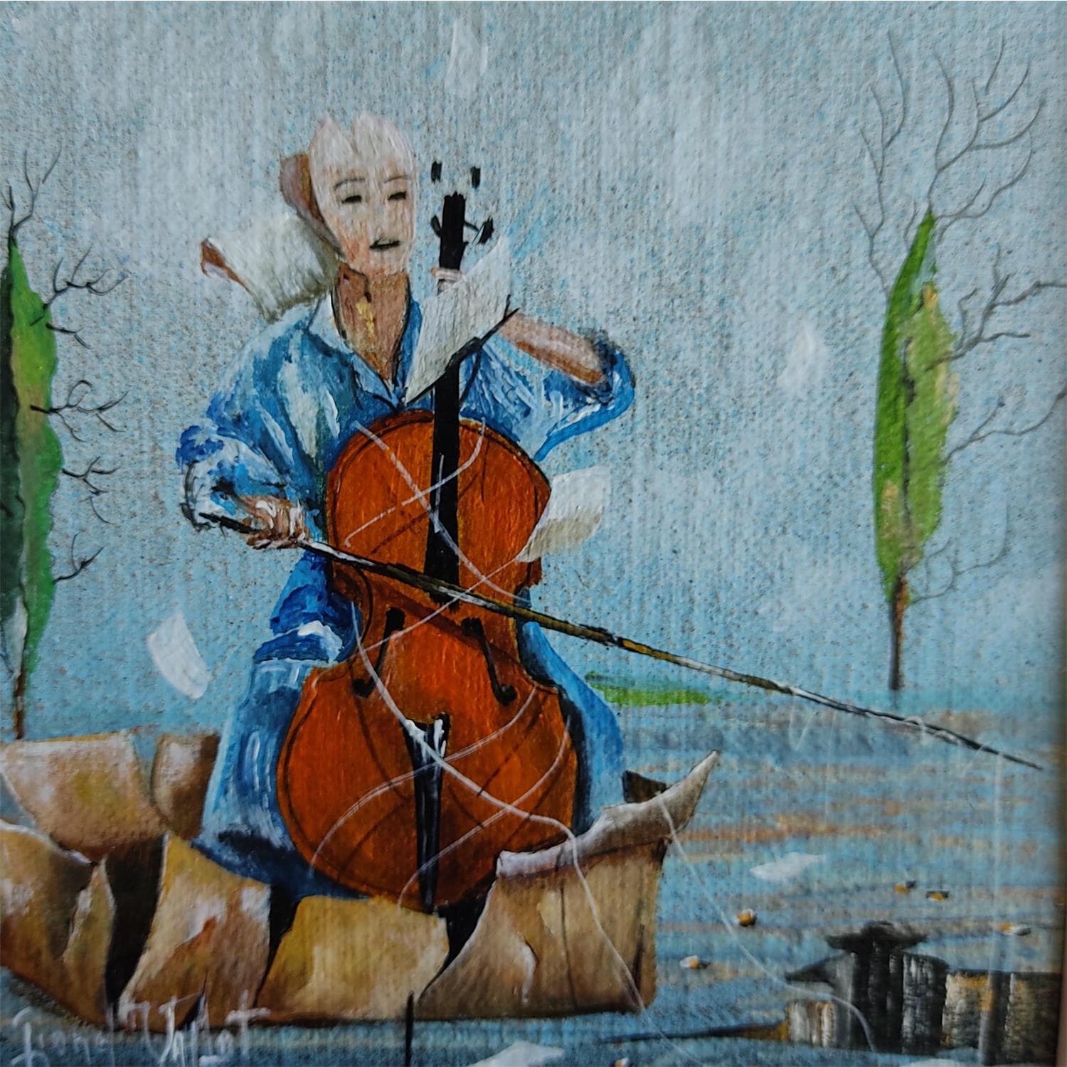 ▷ Peinture Le violoncelliste par Valot Lionel