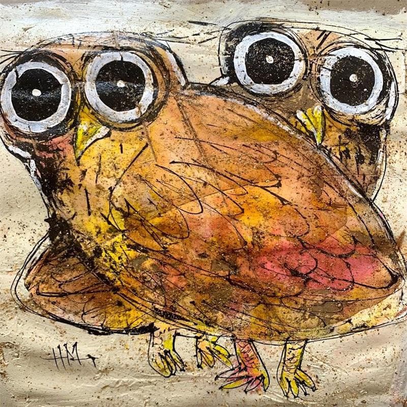 Peinture 2 Owls par Maury Hervé | Tableau Art naïf animaux