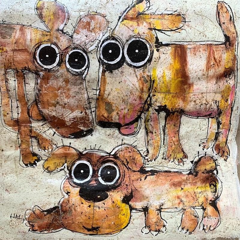Peinture 3 Dogs par Maury Hervé | Tableau Art naïf animaux