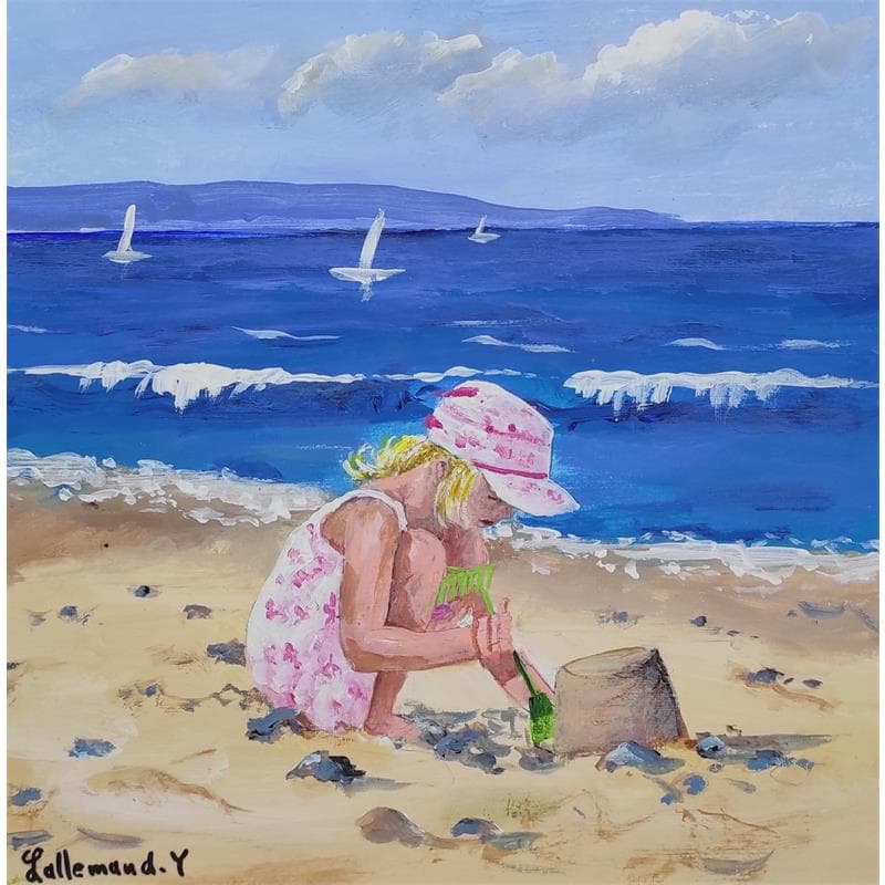 Peinture Petite fille jouant avec le sable 1 par Lallemand Yves | Tableau Figuratif Marine Scènes de vie Acrylique