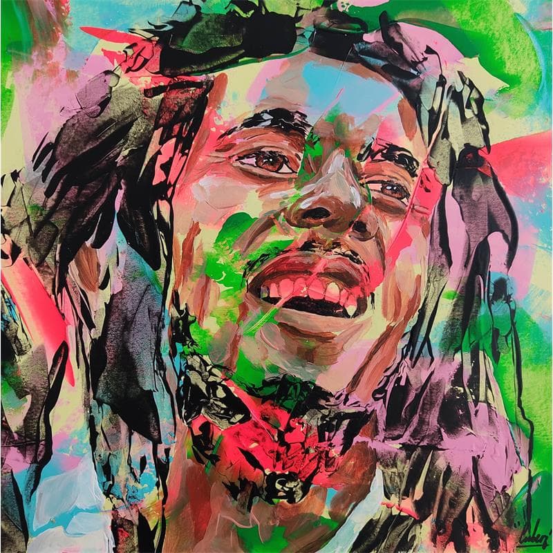 Painting Bob Marley 54 C by Cubero Nathalie | Painting Figurative Mixed Portrait