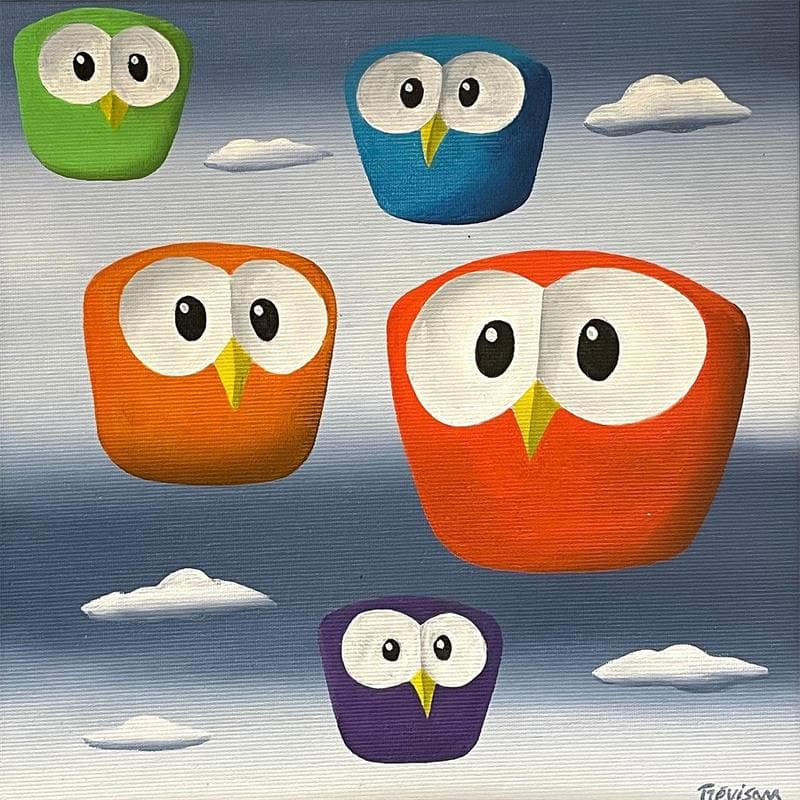 Painting Owls family by Trevisan Carlo | Painting Oil