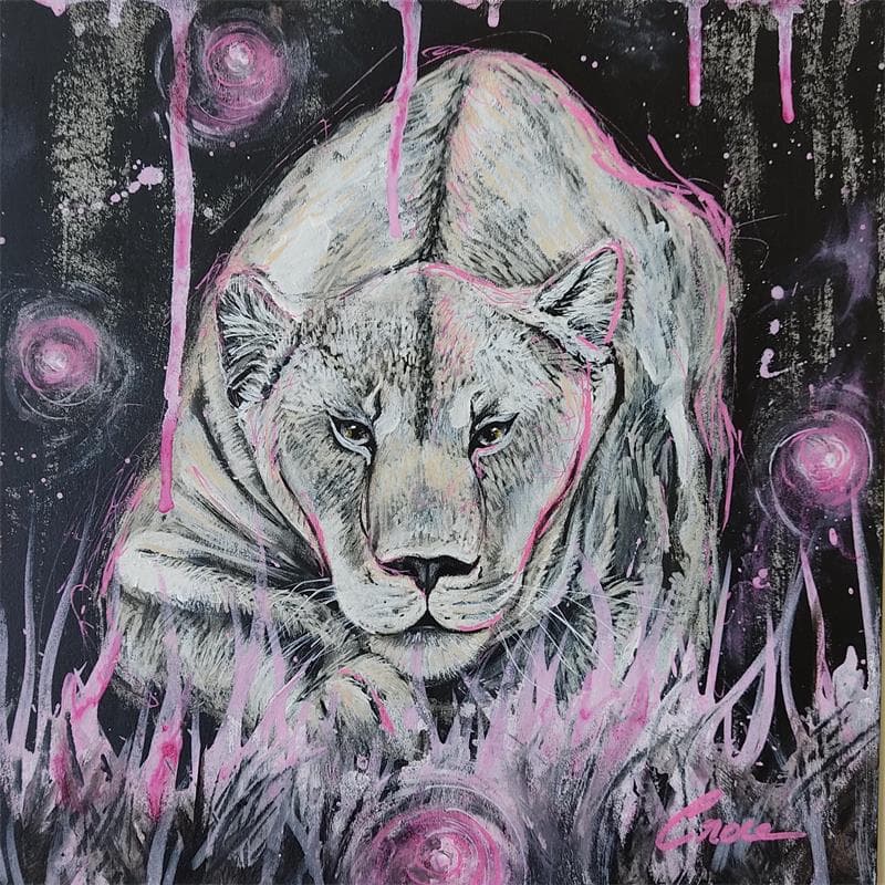 Peinture Lionne par Croce | Tableau Illustration Mixte animaux