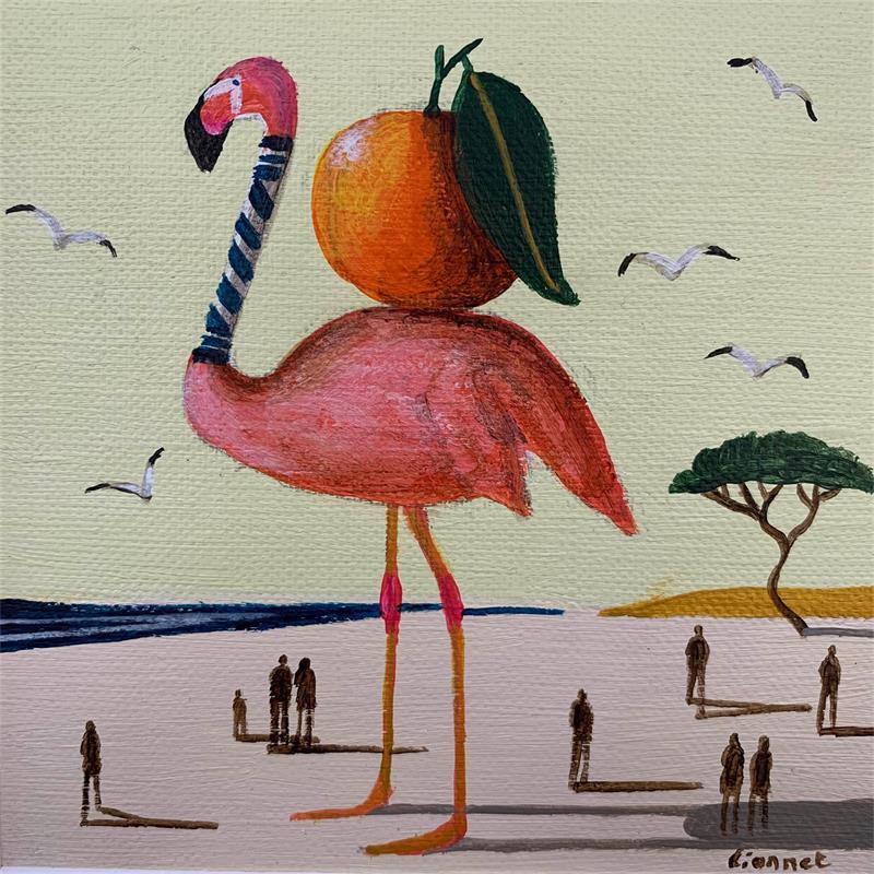 Gemälde Flamant à l'orange von Lionnet Pascal | Gemälde Surrealismus Acryl Tiere