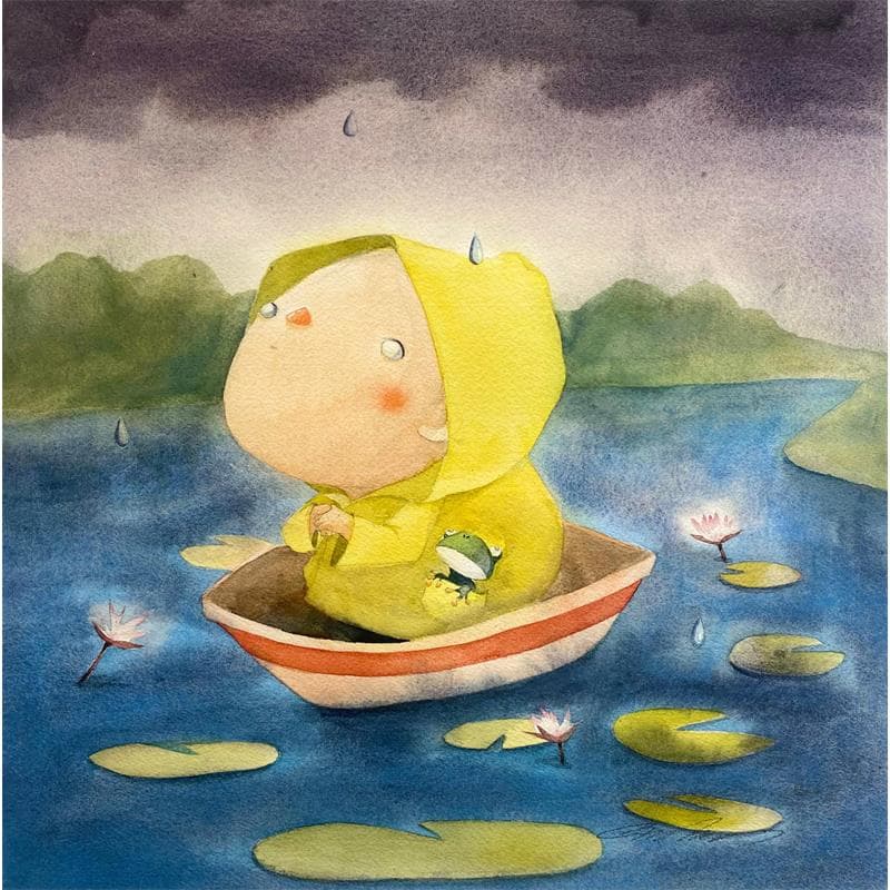 Peinture 36 boy rain par Masukawa Masako | Tableau Art naïf Scènes de vie Aquarelle