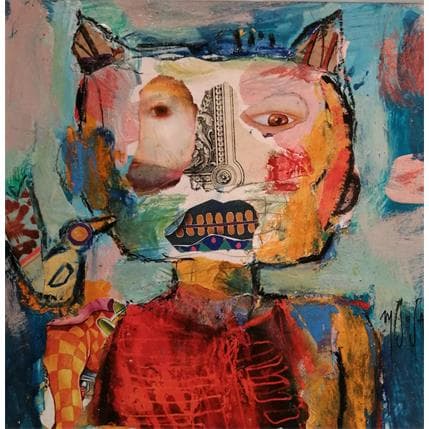 Peinture Le chat et l'oiseau par De Sousa Miguel | Tableau Art Singulier Animaux