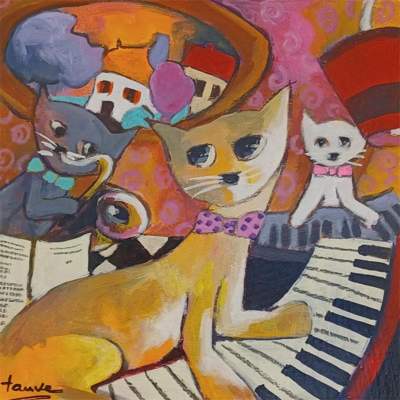 Gemälde Musique en famille von Fauve | Gemälde Figurativ Alltagsszenen Tiere Öl