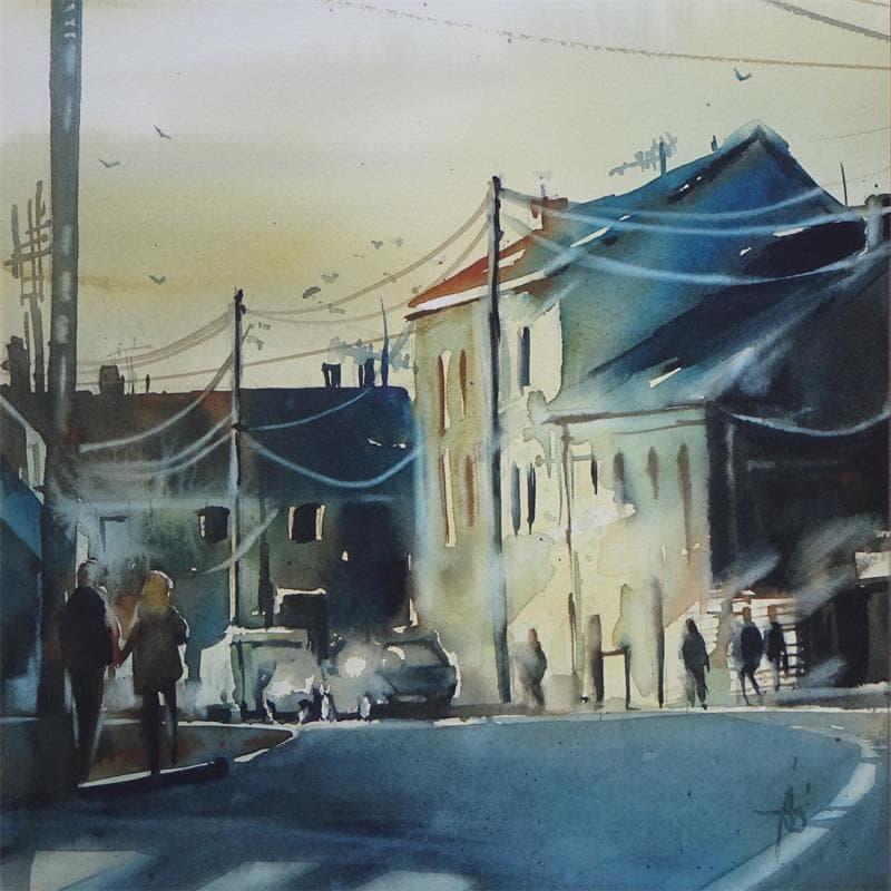 Painting Dans la lumière du soir by Abbatucci Violaine | Painting Figurative Urban Life style Watercolor