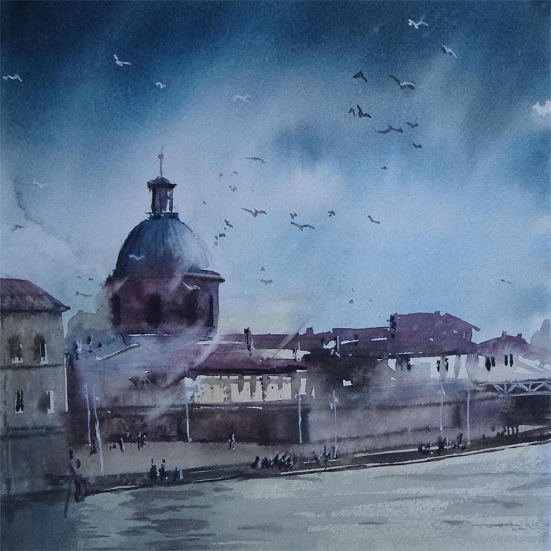 Gemälde Jour de pluie à Toulouse von Abbatucci Violaine | Gemälde Figurativ Urban Alltagsszenen Aquarell