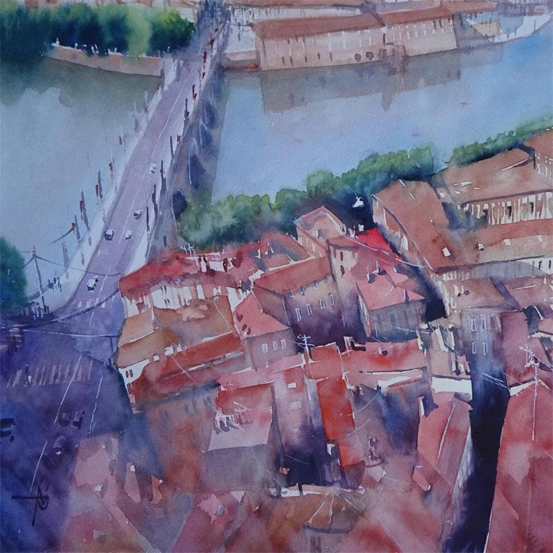 Painting Par dessus la Garonne by Abbatucci Violaine | Painting Figurative Watercolor Urban