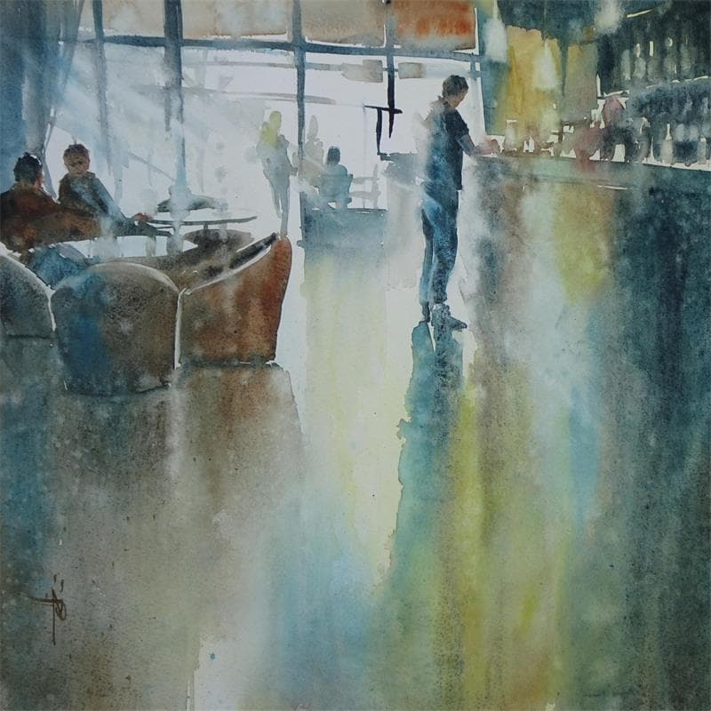 Peinture Son café, toujours au comptoir par Abbatucci Violaine | Tableau Figuratif Scènes de vie Aquarelle