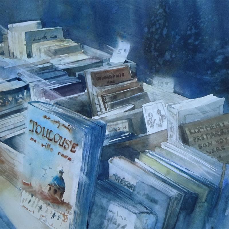 Gemälde Voyager par les livres von Abbatucci Violaine | Gemälde Figurativ Aquarell Alltagsszenen, Stillleben