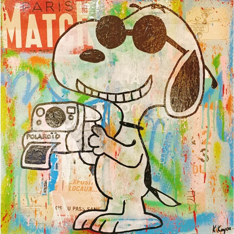 Peinture Snoopy polaroid par Kikayou | Tableau Pop Art Mixte icones Pop