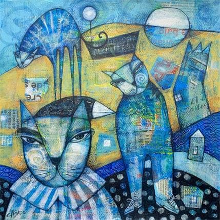 Peinture Blue cats par Dan Casado | Tableau Art Singulier Mixte animaux, scènes de vie