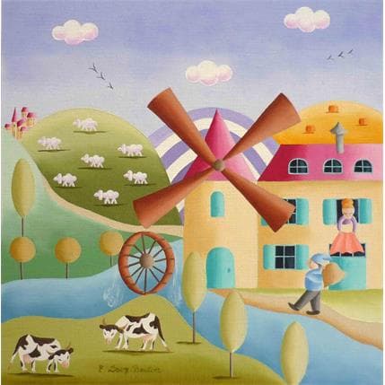 Peinture Le Moulin par Davy Bouttier Elisabeth | Tableau Illustration Huile scènes de vie