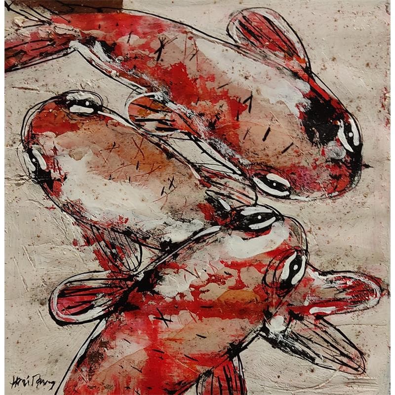 Peinture 3 poissons rouges par Maury Hervé | Tableau Figuratif Animaux