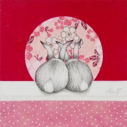 Peinture Douceur en rose par Ann R | Tableau Illustration Mixte animaux