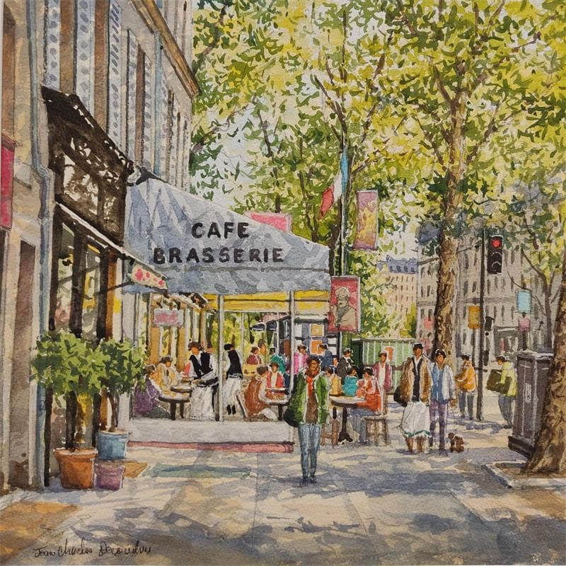 Painting Café boulevard St-Germain by Decoudun Jean charles | Painting Figurative Watercolor Urban