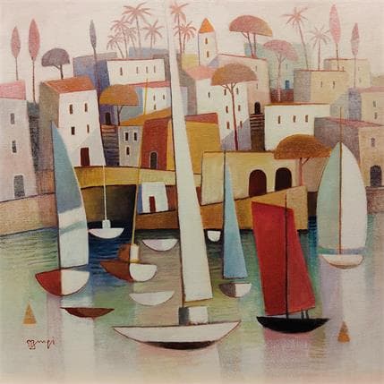 Painting La voile rouge by Burgi Roger | Painting Figurative Acrylic Landscapes, Marine, Urban