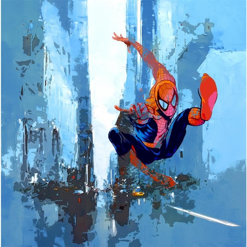 Peinture Spider Man - Flying par Castan Daniel | Tableau Pop Art Mixte Vues urbaines icones Pop